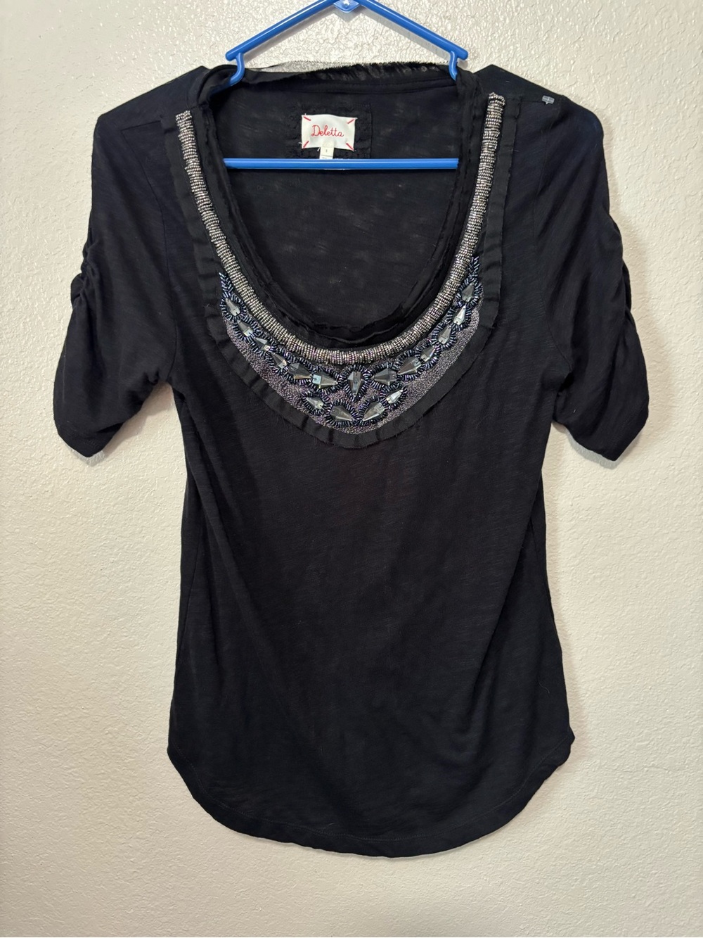 Deletta Black Y2K  Scoop Neck Tee with Beaded Embellishment Size Small